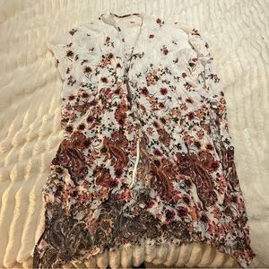 Maurices White and Brown Asymmetrical Blouse with Mandarin Collar